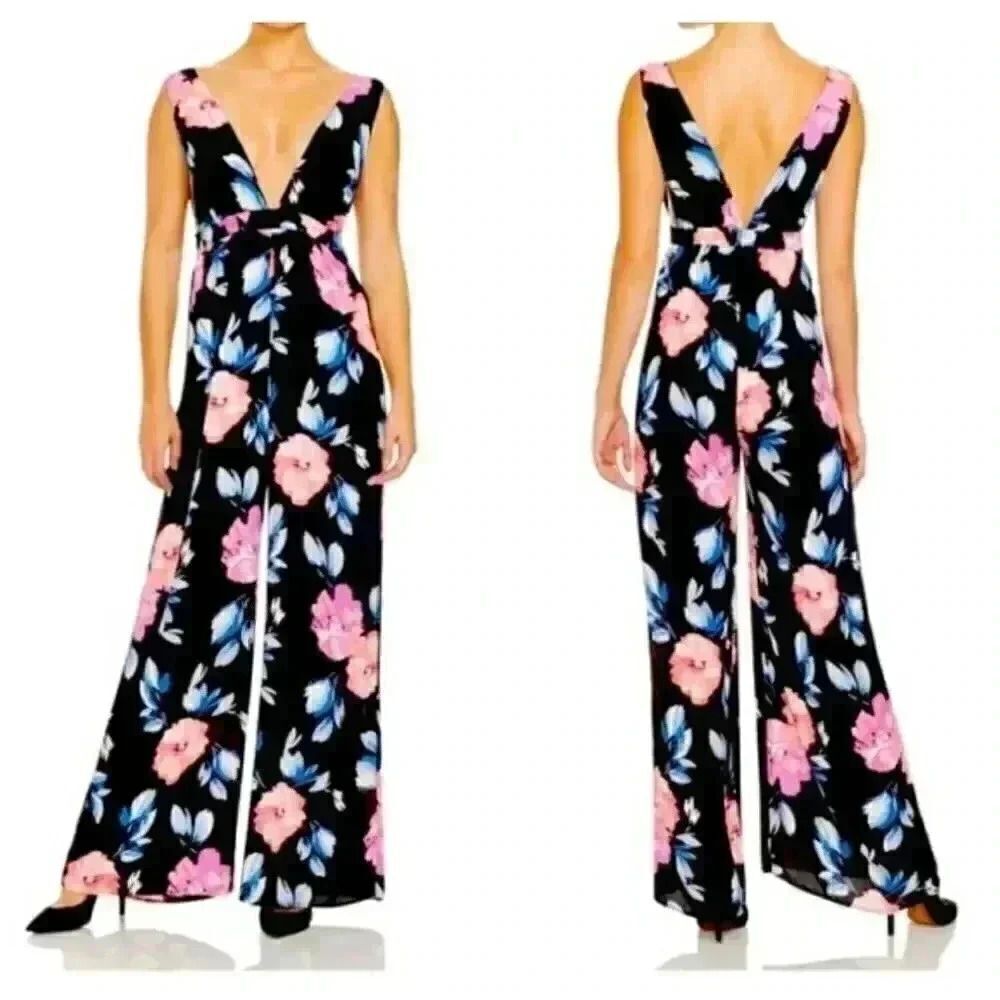 Aqua Women's Black Poly Bright Floral Deep V Front & Back Sleeveless Jumpsuit Ro